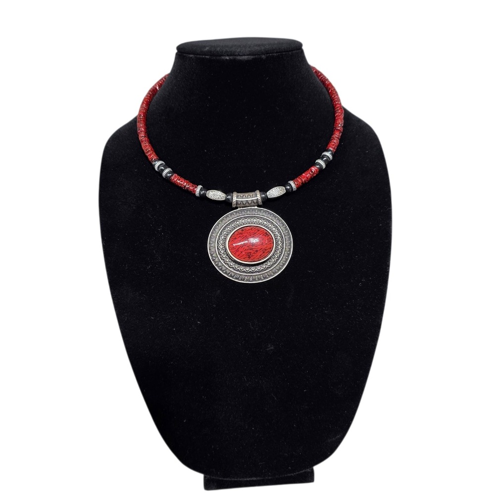 Red Statement Necklace‎ Silver Tone Medallion Pendant Boho Fashion Jewelry